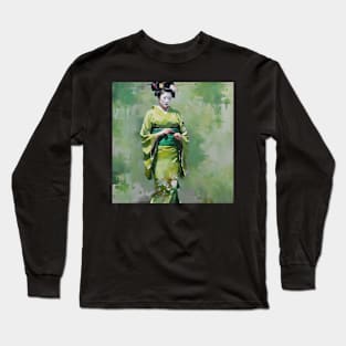 Japanese Geisha in Green A Portrait Long Sleeve T-Shirt